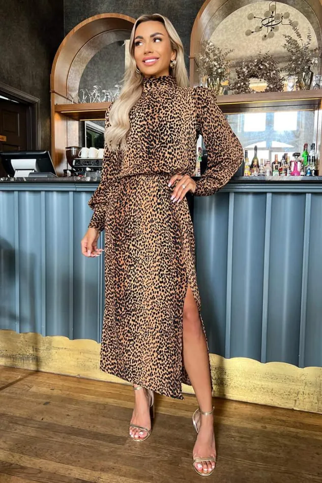 AX Paris Camel Animal Print High Neck Long Sleeve Midi Dress Dresses