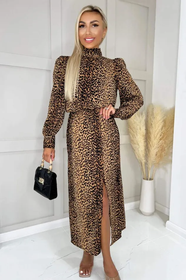 AX Paris Camel Animal Print High Neck Long Sleeve Midi Dress Dresses