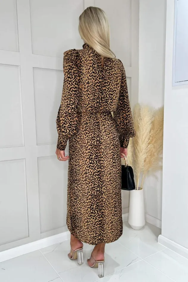 AX Paris Camel Animal Print High Neck Long Sleeve Midi Dress Dresses