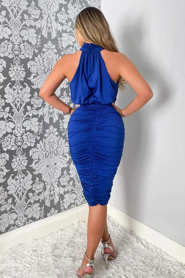 AX Paris Cobalt Blue Ruched High Neck Midi Dress Dresses