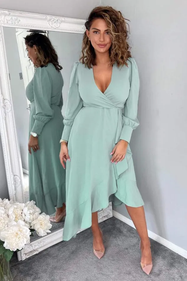 AX Paris Duck Egg Long Sleeve Frill Wrap Midi Dress Dresses