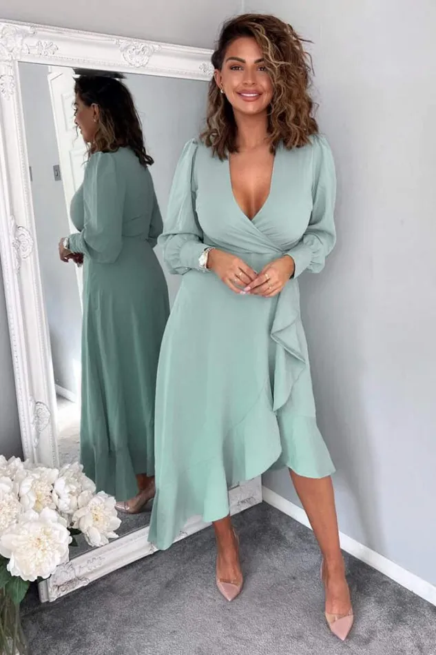AX Paris Duck Egg Long Sleeve Frill Wrap Midi Dress Dresses