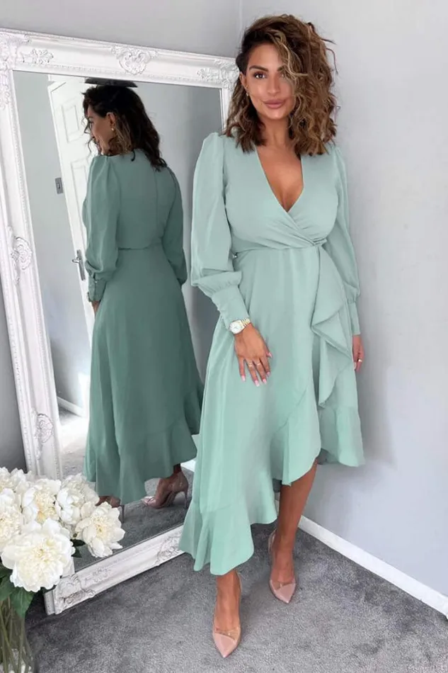 AX Paris Duck Egg Long Sleeve Frill Wrap Midi Dress Dresses