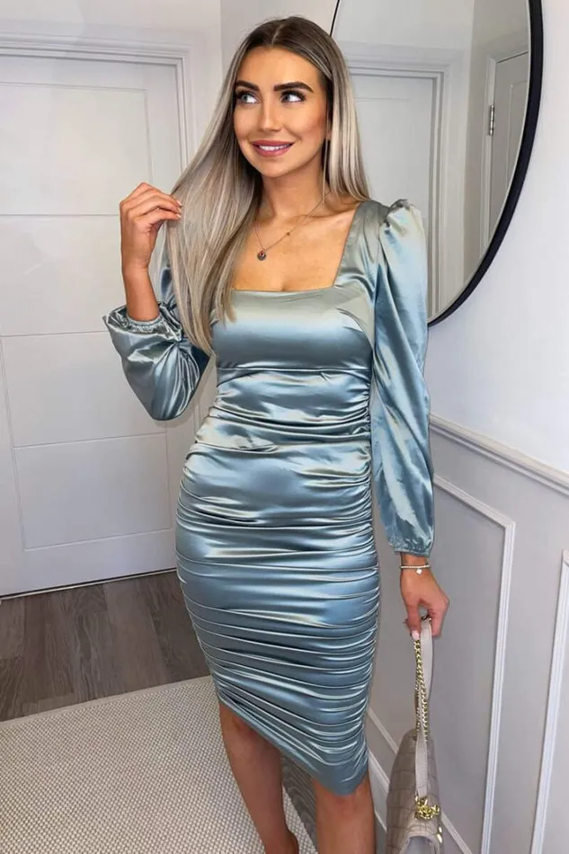 AX Paris Duck Egg Satin Square Neck Ruched Dress Dresses
