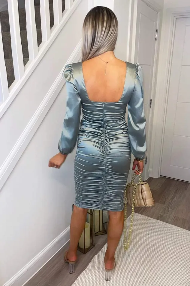 AX Paris Duck Egg Satin Square Neck Ruched Dress Dresses