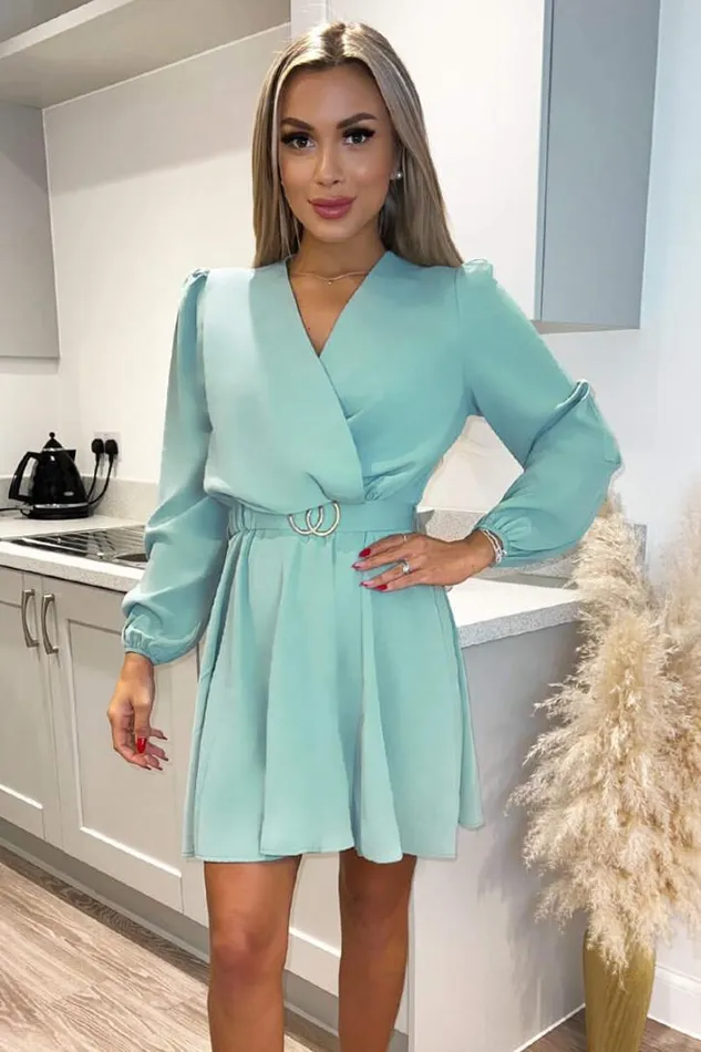 AX Paris Duck Egg Wrap Over Belted Skater Dress Dresses