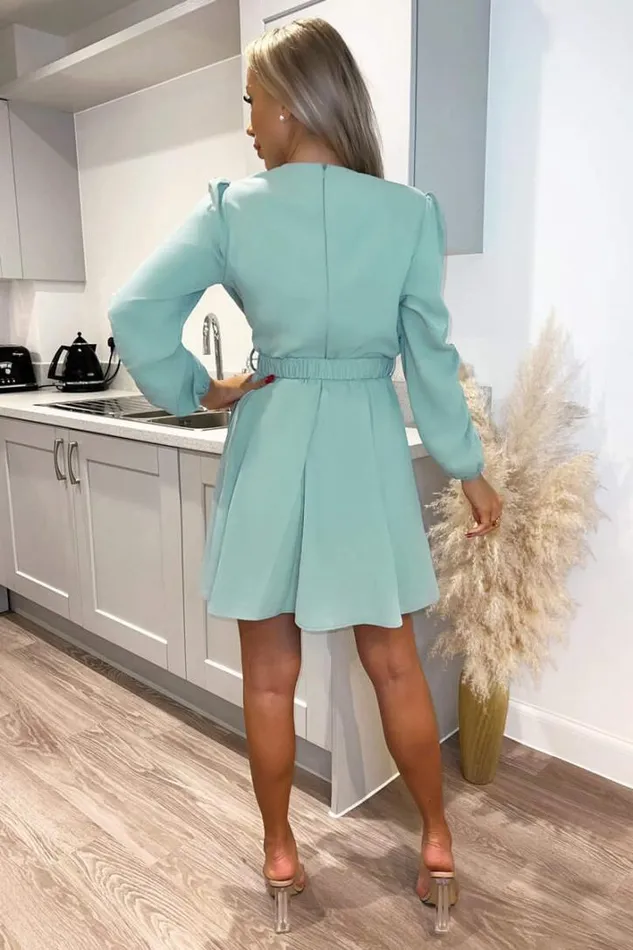 AX Paris Duck Egg Wrap Over Belted Skater Dress Dresses