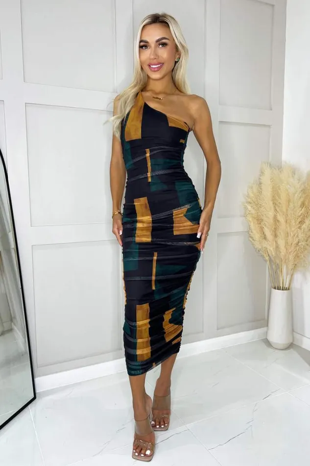 AX Paris Forest Geometric Print Mesh One Shoulder Bodycon Midi Dress Dresses