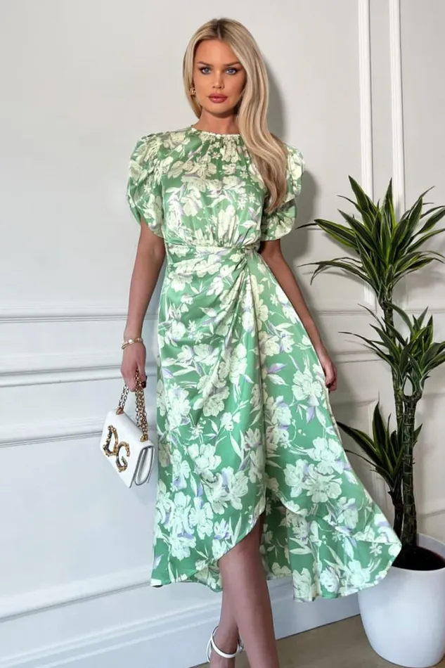 AX Paris Green Floral Printed Short Puff Sleeve Gathered Side Midi Dress Dresses