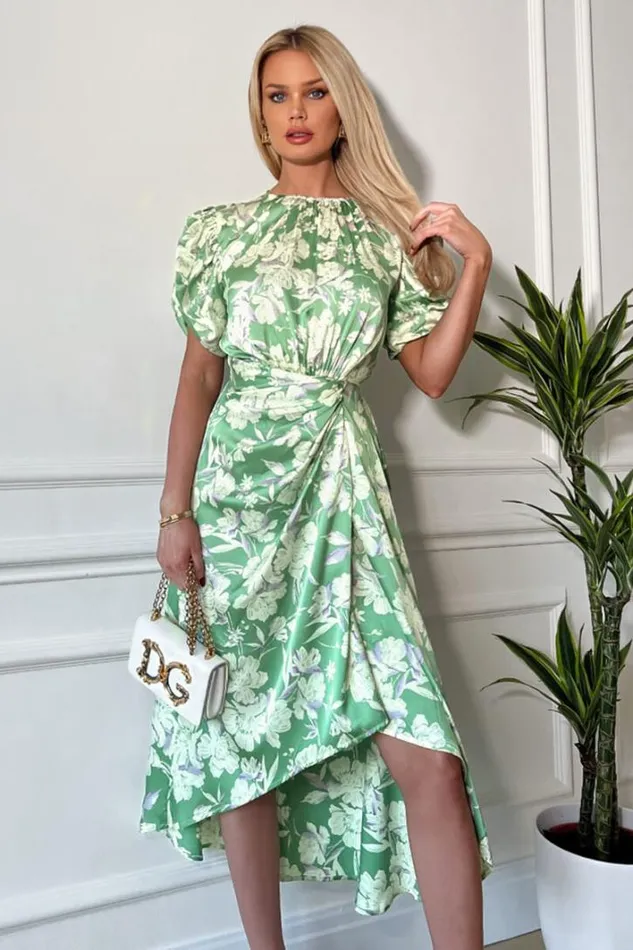 AX Paris Green Floral Printed Short Puff Sleeve Gathered Side Midi Dress Dresses