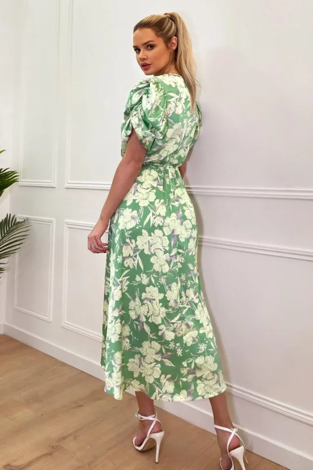 AX Paris Green Floral Printed Short Puff Sleeve Gathered Side Midi Dress Dresses
