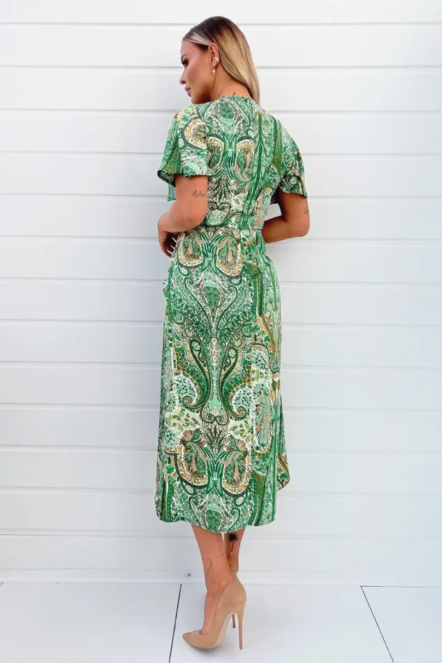 AX Paris Green Paisley Printed VNeck Belted Wrap Midi Dress Dresses