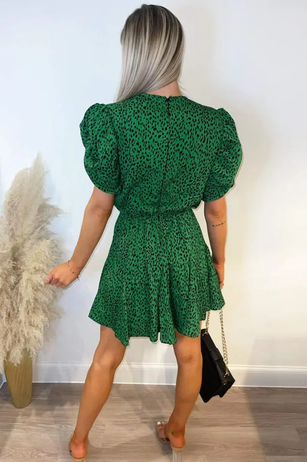 AX Paris Green Printed Puff Sleeve Pleated Mini Dress Dresses
