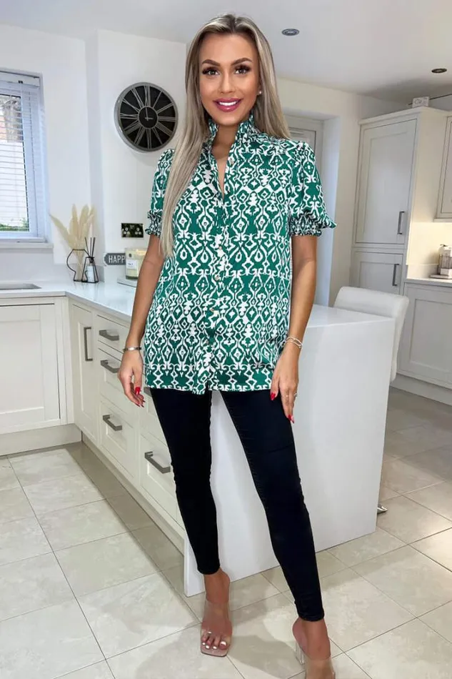 AX Paris Green Printed Short Sleeve Button Up Shirt Dresses