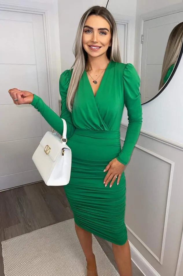 AX Paris Green Ruched Long Sleeve Cross Front Midi Dress Dresses