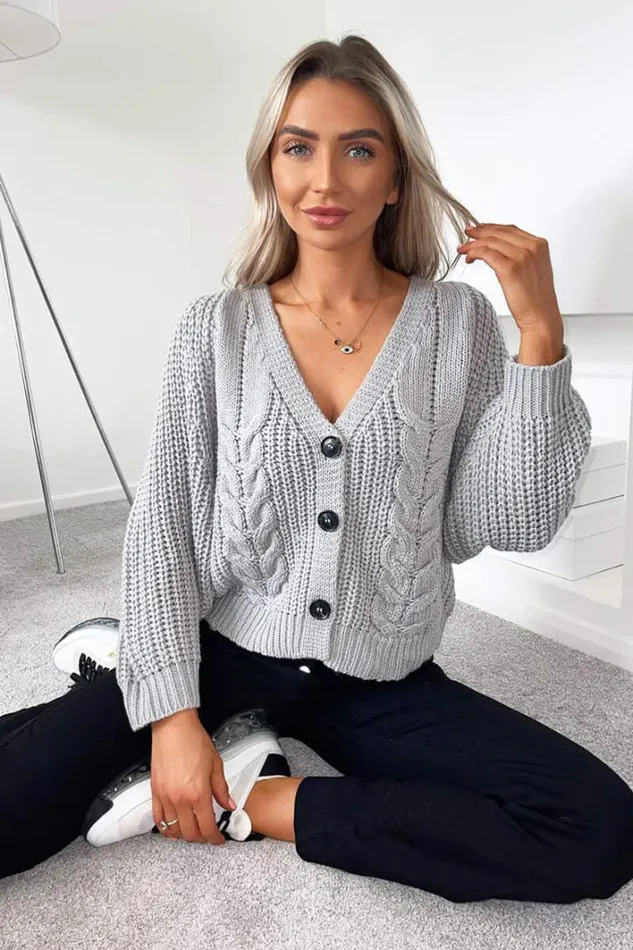 AX Paris Grey Cable Knit Detail Cardigan Knitwear