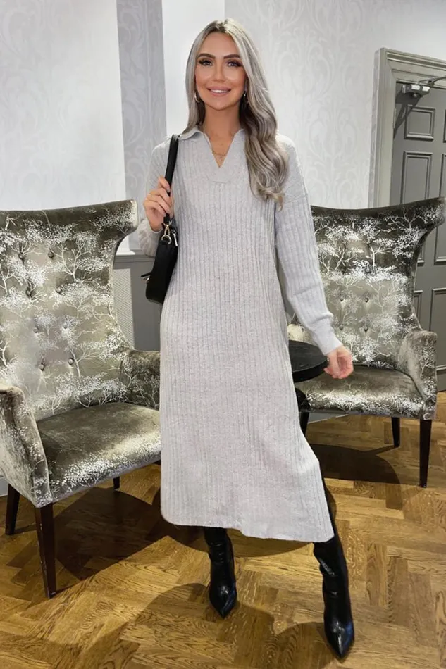 AX Paris Grey Knit Long Sleeve Collared Midi Dress Dresses