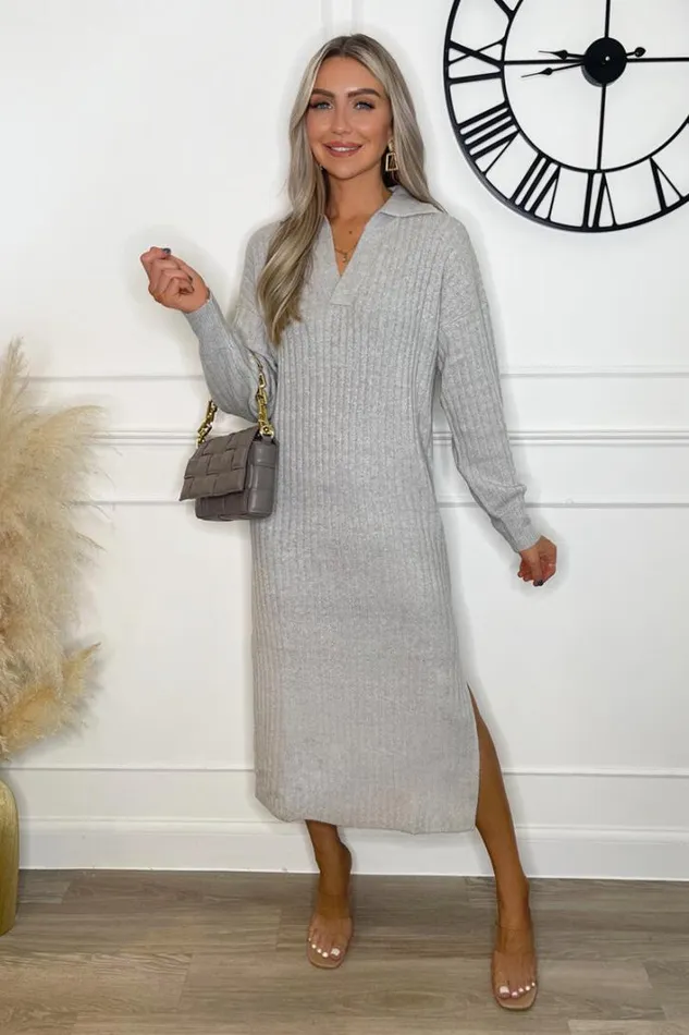 AX Paris Grey Knit Long Sleeve Collared Midi Dress Dresses