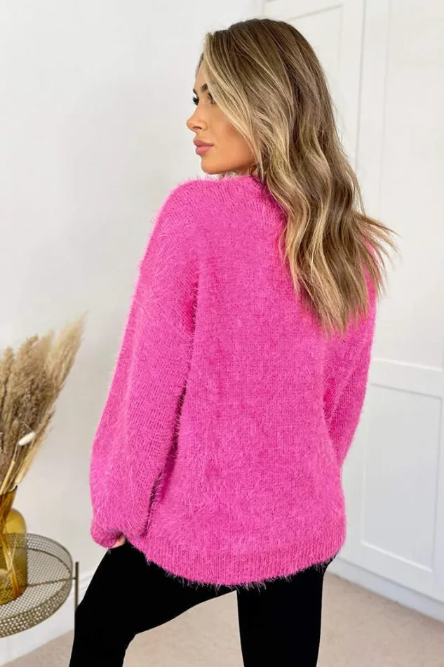AX Paris Hot Pink Soft Knit Round Neck Long Balloon Sleeve Knitted Jumper Knitwear