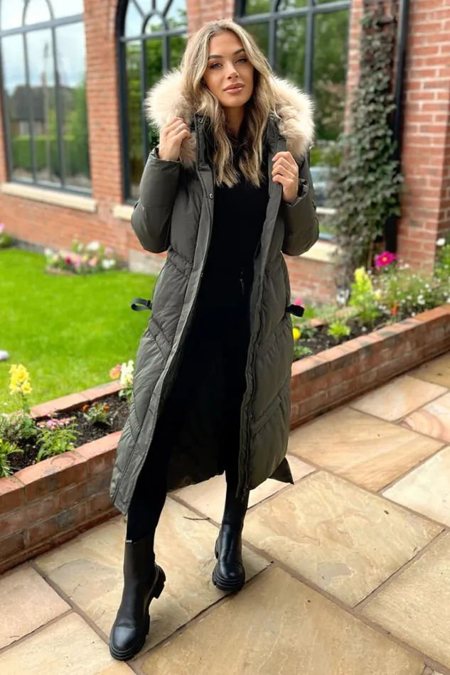 AX Paris Khaki Faux Fur Trim Hooded Puffer Coat Coats and Jackets