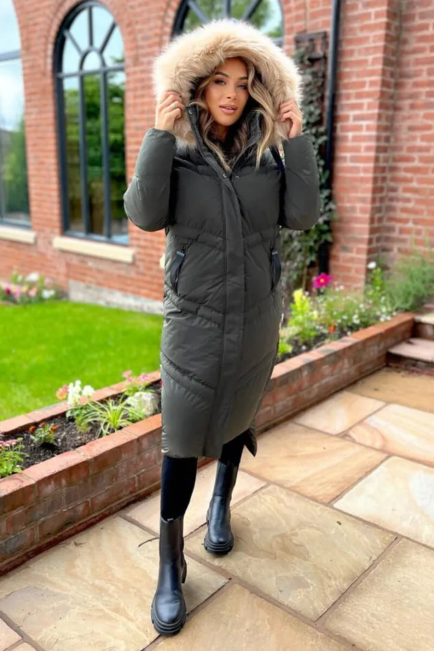 AX Paris Khaki Faux Fur Trim Hooded Puffer Coat Coats and Jackets