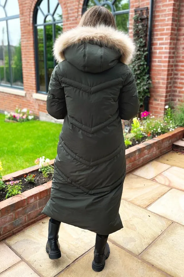 AX Paris Khaki Faux Fur Trim Hooded Puffer Coat Coats and Jackets