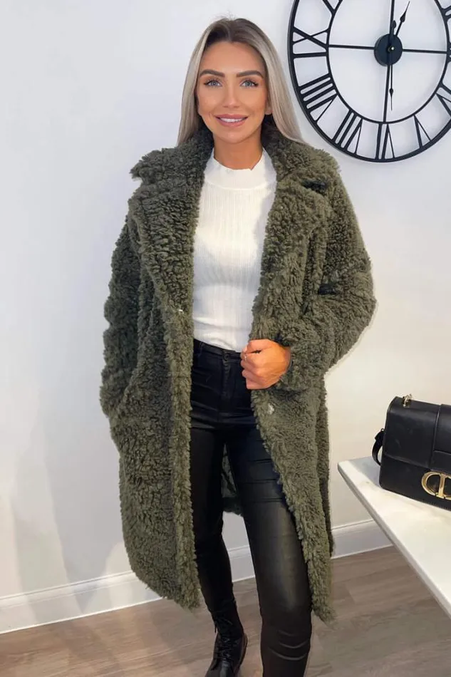 AX Paris Khaki Long Line Teddy Faux Fur Coat Coats and Jackets