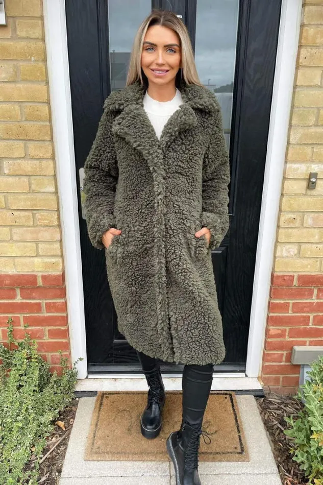 AX Paris Khaki Long Line Teddy Faux Fur Coat Coats and Jackets