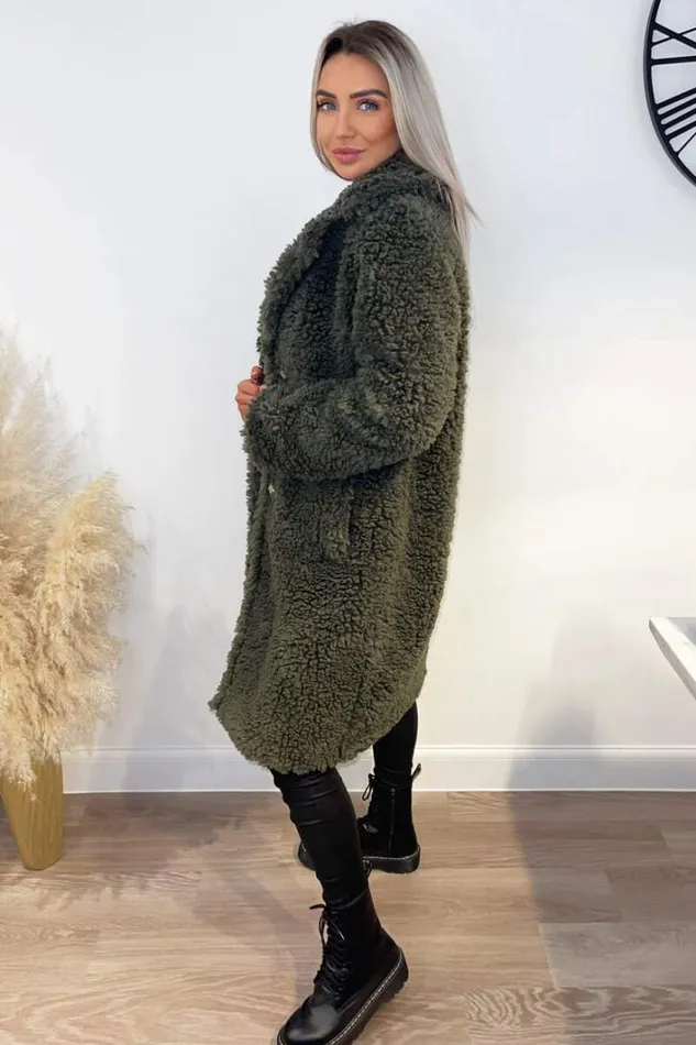 AX Paris Khaki Long Line Teddy Faux Fur Coat Coats and Jackets