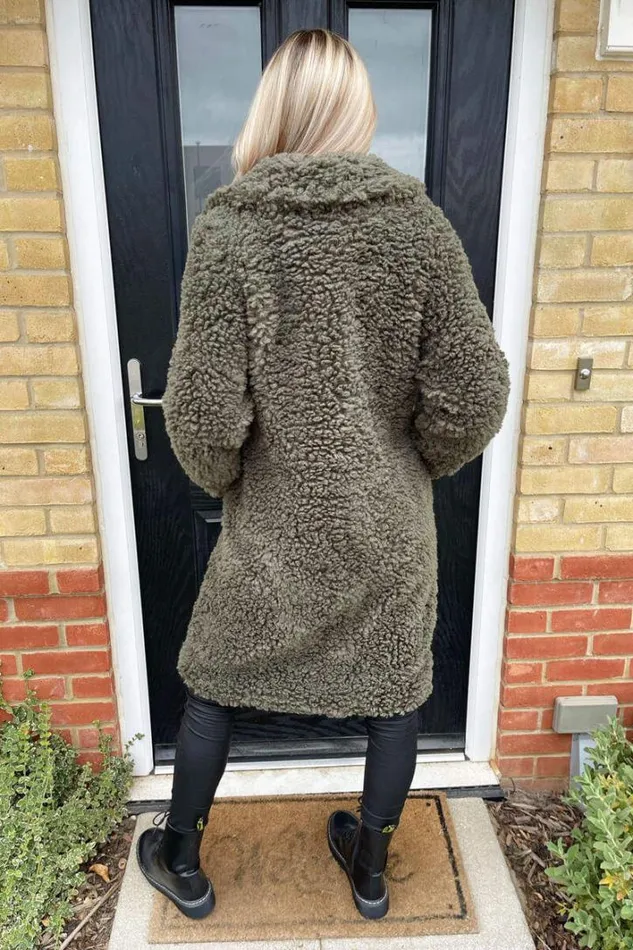 AX Paris Khaki Long Line Teddy Faux Fur Coat Coats and Jackets