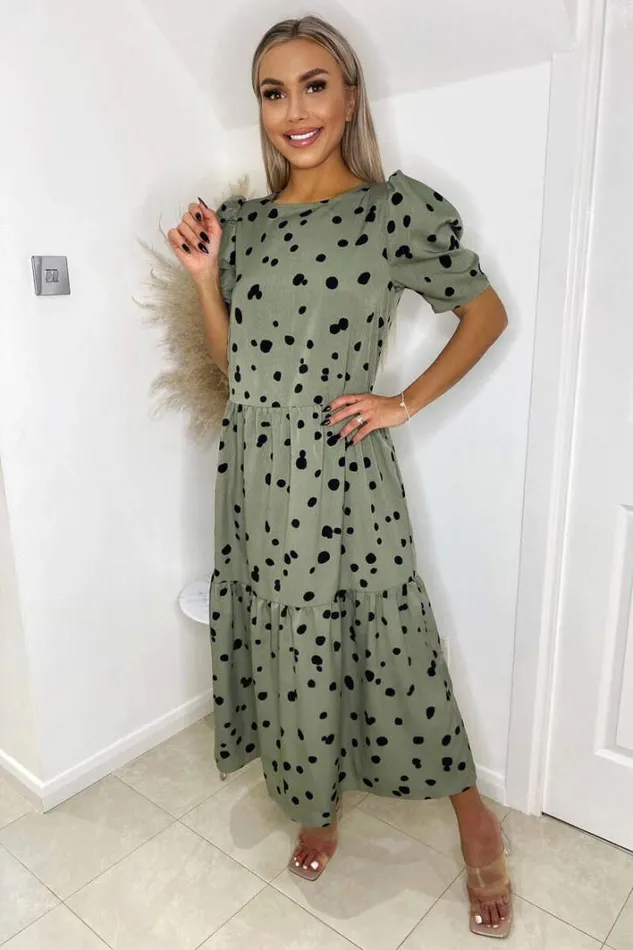 AX Paris Khaki Polka Dot Short Sleeve Tiered Midi Dress Dresses