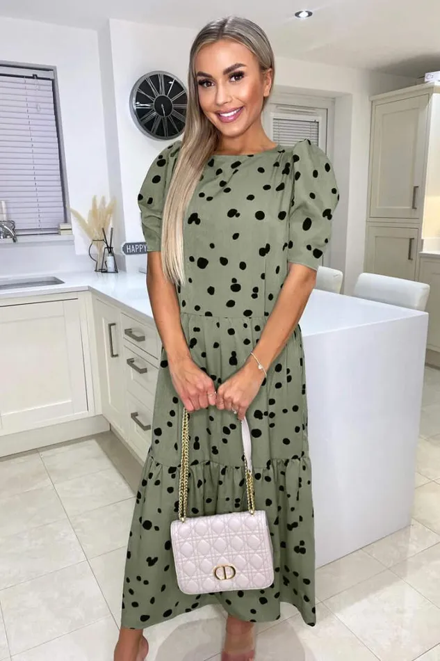 AX Paris Khaki Polka Dot Short Sleeve Tiered Midi Dress Dresses