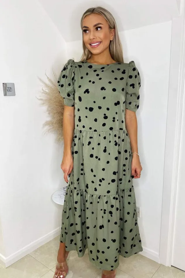 AX Paris Khaki Polka Dot Short Sleeve Tiered Midi Dress Dresses