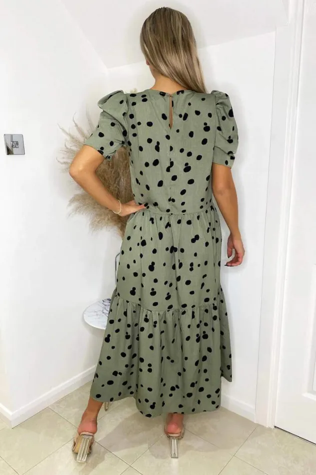 AX Paris Khaki Polka Dot Short Sleeve Tiered Midi Dress Dresses