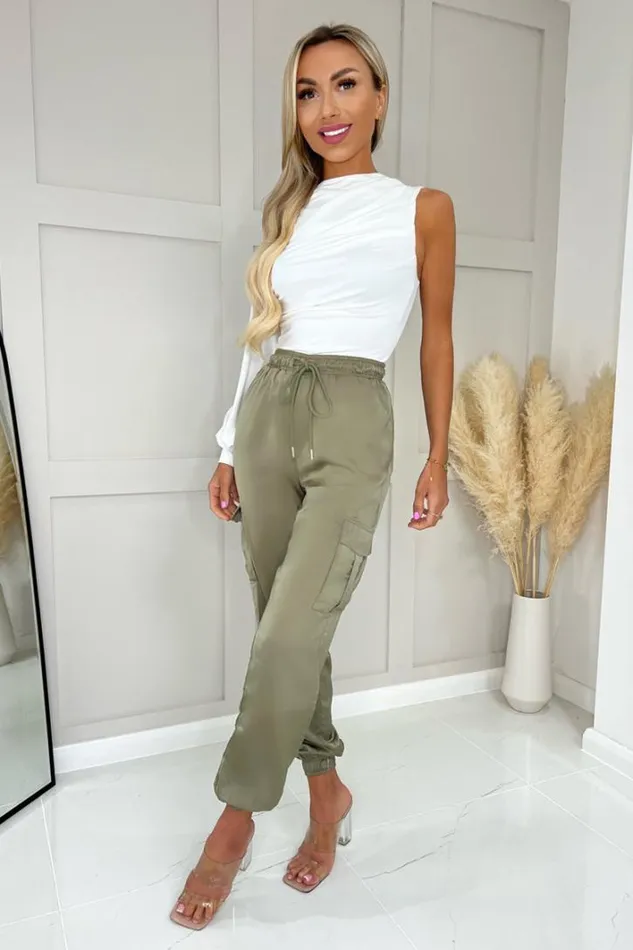 AX Paris Khaki Satin Cuffed Cargo Pants Trousers and Leggings