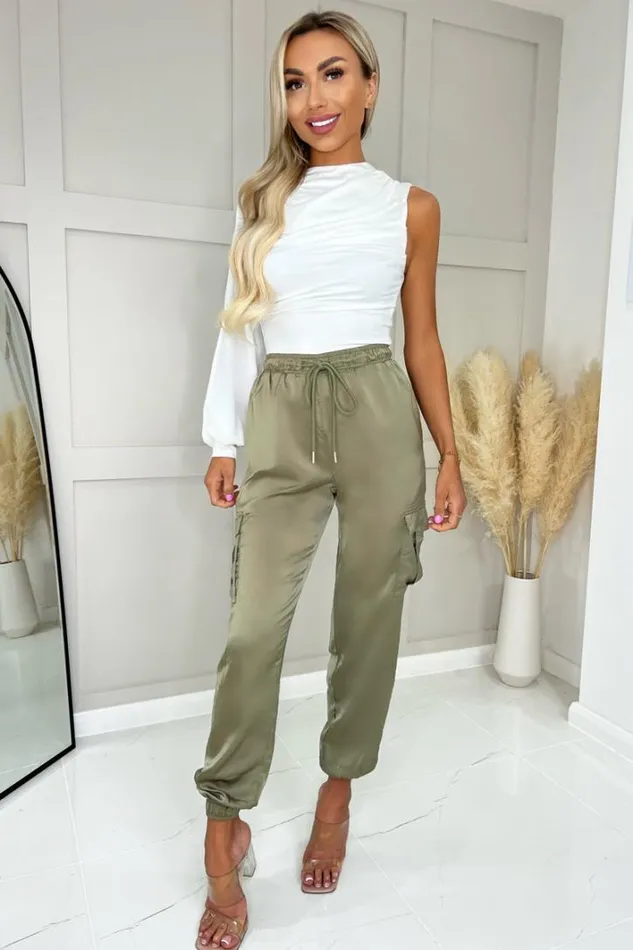 AX Paris Khaki Satin Cuffed Cargo Pants Trousers and Leggings