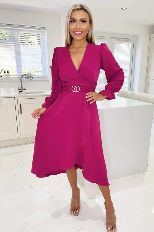 AX Paris Magenta Long Sleeve Belted Midi Dress Dresses