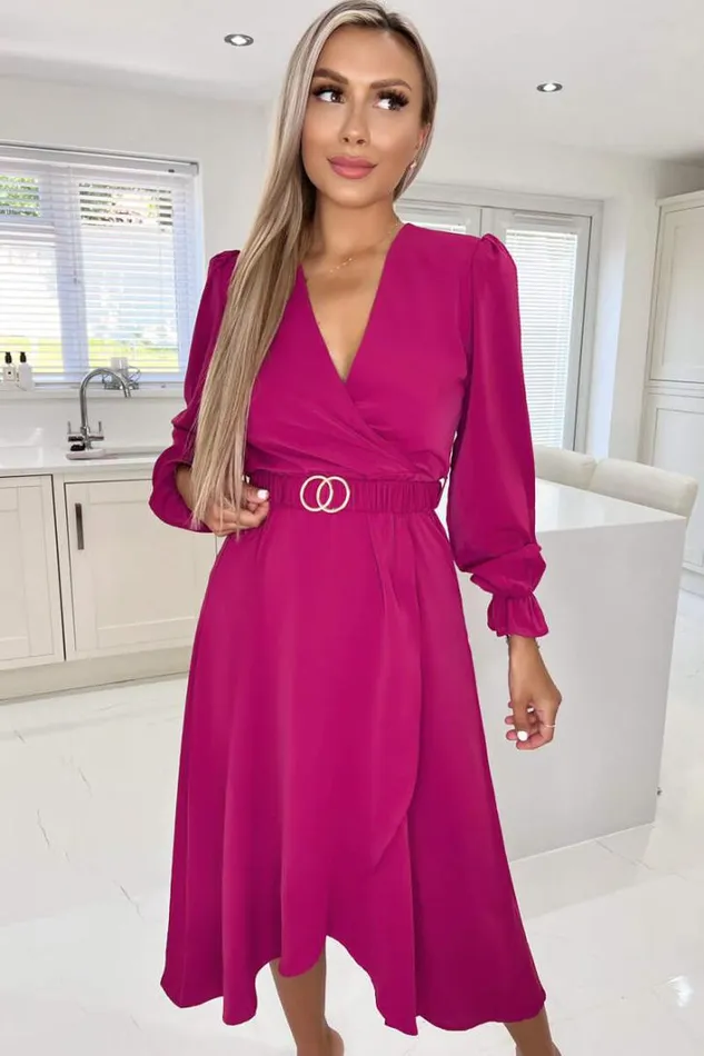 AX Paris Magenta Long Sleeve Belted Midi Dress Dresses