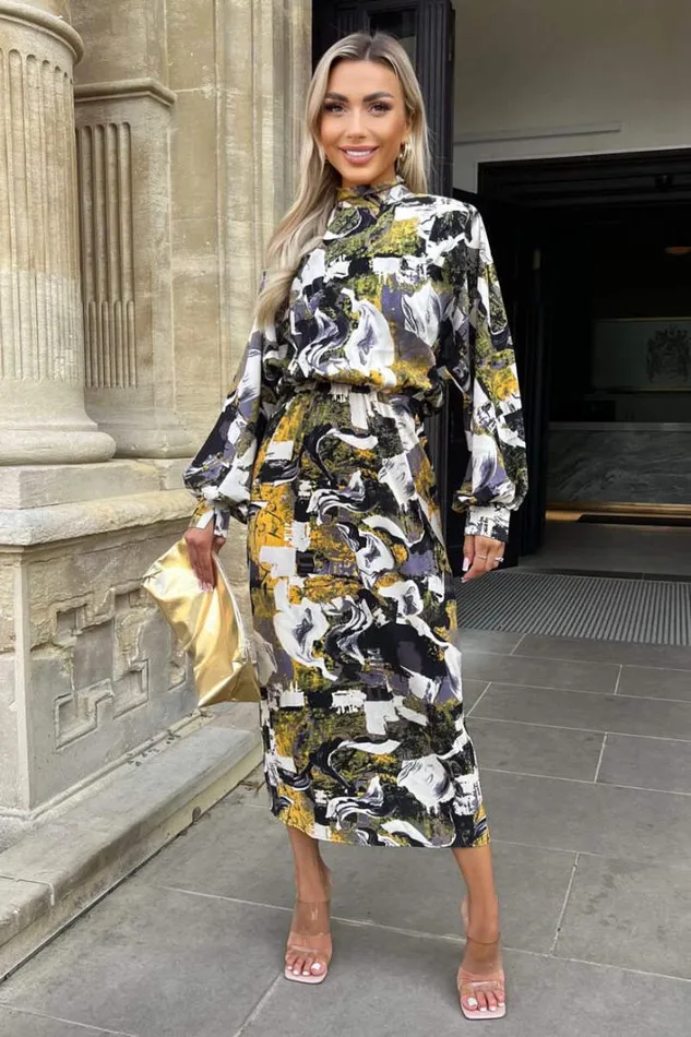 AX Paris Multi Printed High Neck Balloon Sleeve Midi Dress Dresses