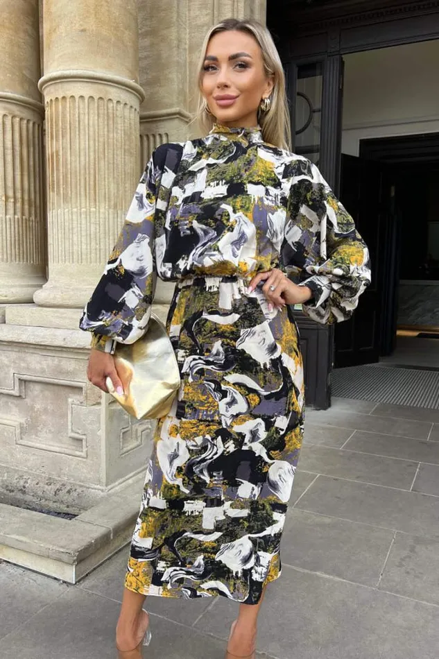 AX Paris Multi Printed High Neck Balloon Sleeve Midi Dress Dresses