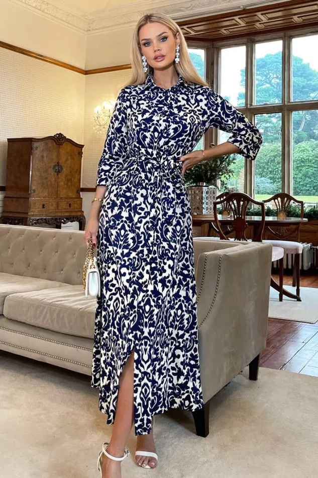 AX Paris Navy And Cream Printed Shirt Dress Dresses