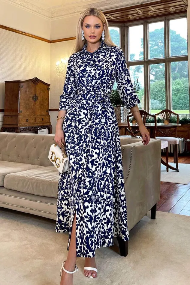 AX Paris Navy And Cream Printed Shirt Dress Dresses