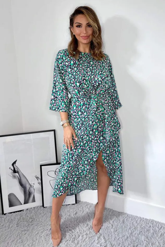 AX Paris Navy Green And Pink Printed Wrap Tie Front Midi Dress Dresses