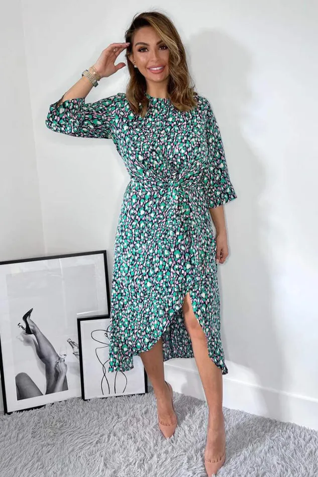 AX Paris Navy Green And Pink Printed Wrap Tie Front Midi Dress Dresses