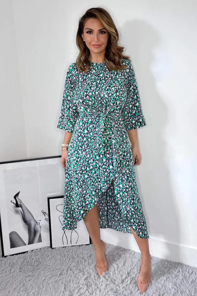 AX Paris Navy Green And Pink Printed Wrap Tie Front Midi Dress Dresses