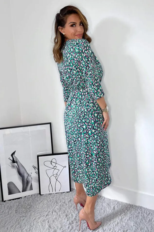 AX Paris Navy Green And Pink Printed Wrap Tie Front Midi Dress Dresses
