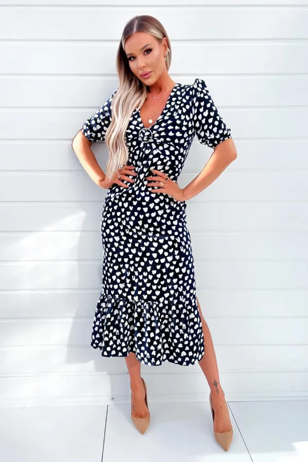 AX Paris Navy Heart Printed Hoop Knot Short Sleeve Midi Dress Dresses