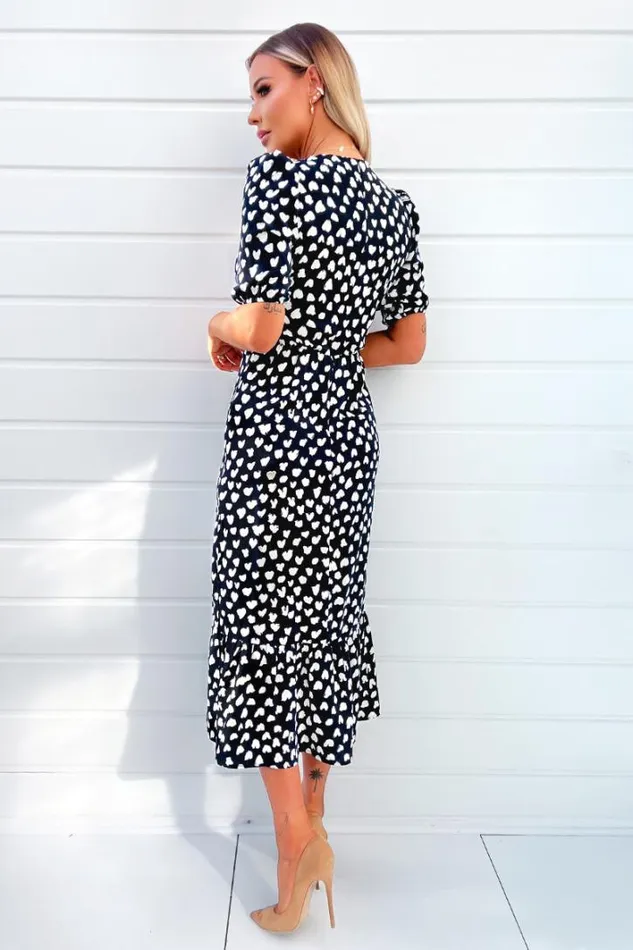 AX Paris Navy Heart Printed Hoop Knot Short Sleeve Midi Dress Dresses