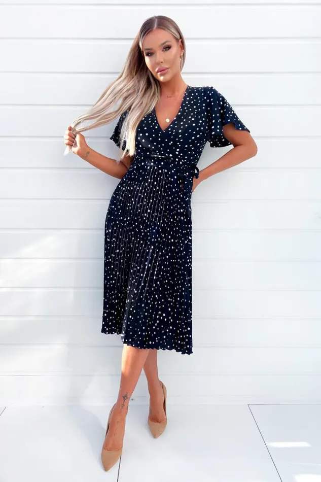 AX Paris Navy Polka Dot Wrap Top Belted Pleated Midi Dress Dresses