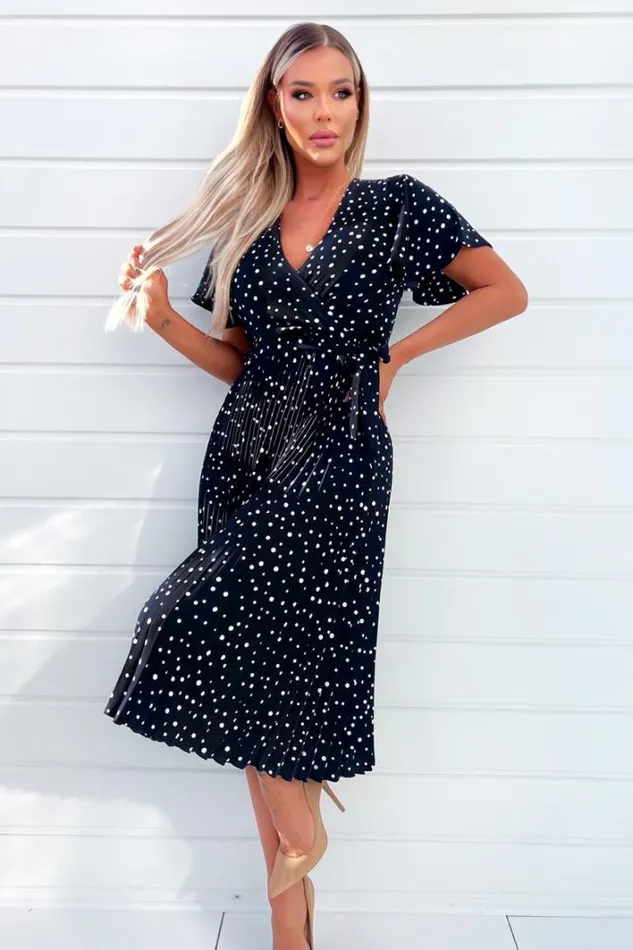AX Paris Navy Polka Dot Wrap Top Belted Pleated Midi Dress Dresses